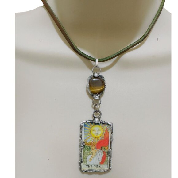 Tarot Card Mixed Media & Artisan Metalwork Tiger Eye Pendant Leather Necklace - Picture 4 of 11